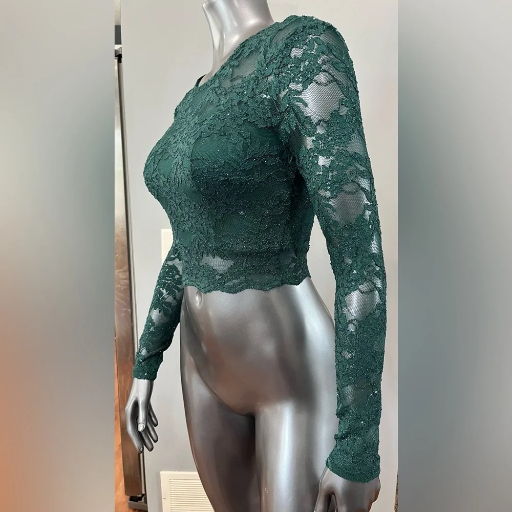 City Studio Emerald Green Lace Glitter Long Sleeves Cropped Top Juniors NWT